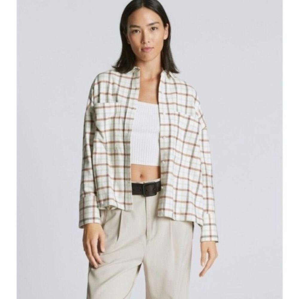 Everlane The Boxy Flannel Shirt Cream Plaid Oversized Button Down Shacket NWT S